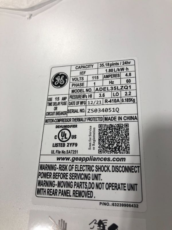Photo 1 of GE® Dehumidifier Model #:ADEL35LZ
