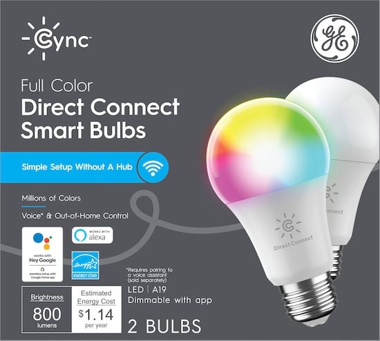 Photo 1 of GE - Cync Smart Full Color Direct Connect Light Bulbs (2 A19 LED Color Changing Light Bulbs), 60W Replacement - Full Color
