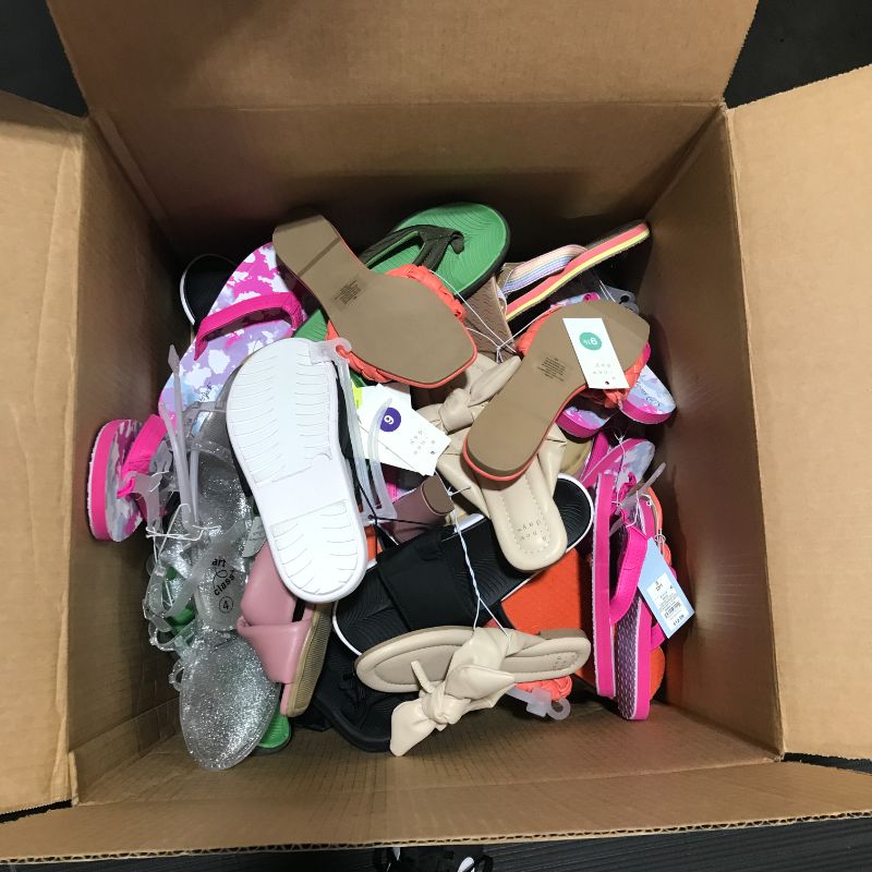 Photo 2 of Box lot of mixed men's, women's, kids shoes, sandals, mixed sizes, new and used