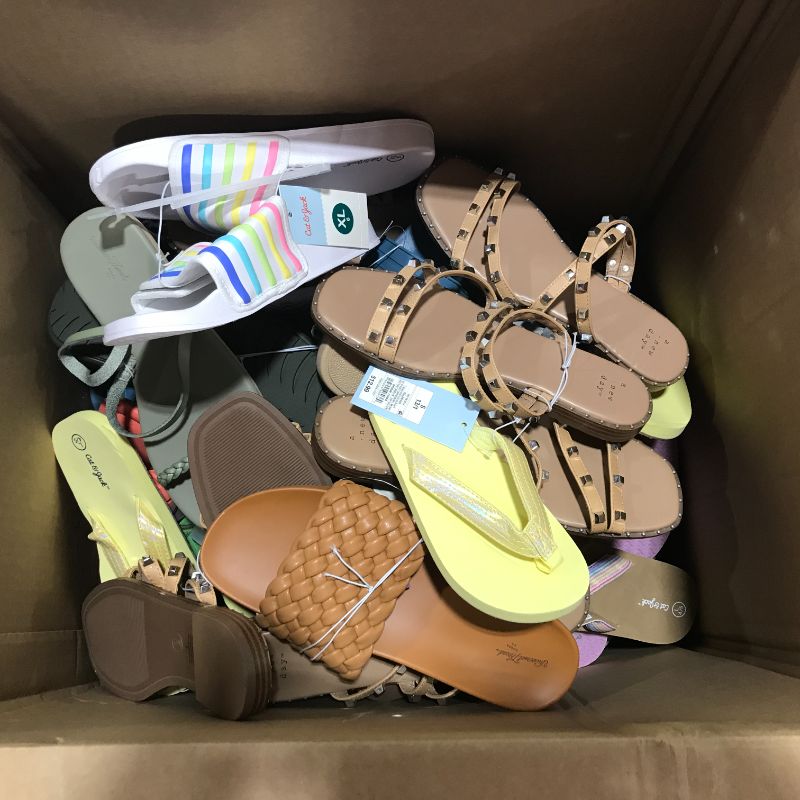 Photo 1 of Box lot of mixed men's, women's, kids shoes, sandals, mixed sizes, new and used