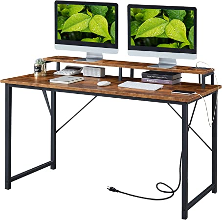 Photo 1 of SUPERJARE Computer Desk with Power Outlet, 55 inch Home Office Desks, Industrial Desk with Monitor Shelf, Writing Desk with Wooden Desktop and Metal Frame - Rustic Brown
