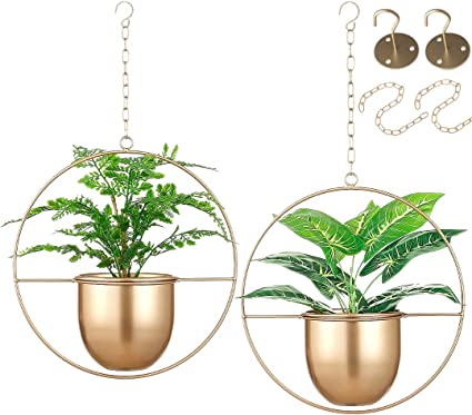 Photo 1 of 2 Pack Eco Joy Boho Metal Hanging Planters with 6" Pot (Detachable) + Hook + Chain | Hanging Planters Indoor, Modern Wall & Ceiling Planters, Gold Planter for Indoor & Outdoor, NO Plant incld.
