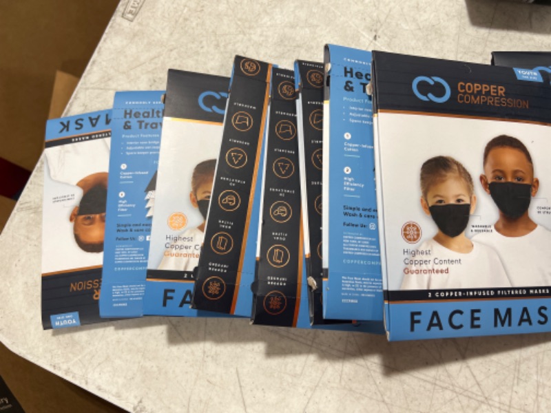 Photo 3 of PACK OF 8!! Copper Compression Face Mask for Kids- Copper Infused Reusable Face Masks For Boys and Girls - Set of 2 (Black)