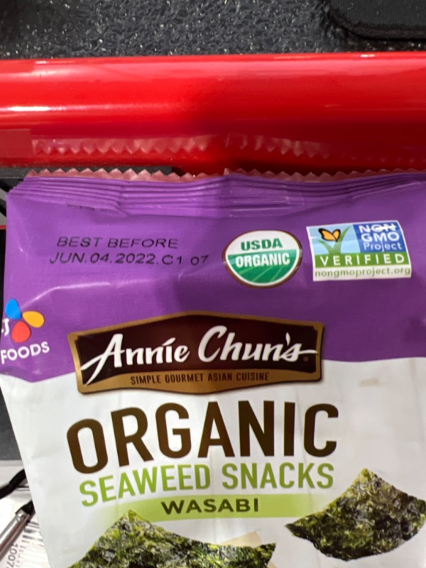 Photo 1 of ANNIE CHUN'S, Seaweed Snk, Og2, Wasabi, Pack of 12, Size .16 OZ, (Gluten Free GMO Free Vegan 95%+ Organic)*EXPIRED! BEST BY:06/04/2022**