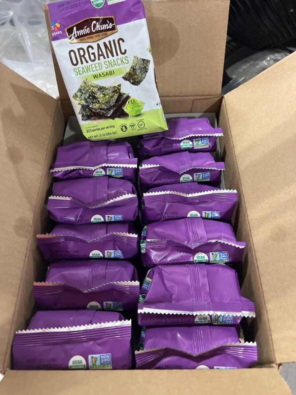Photo 2 of ANNIE CHUN'S, Seaweed Snk, Og2, Wasabi, Pack of 12, Size .16 OZ, (Gluten Free GMO Free Vegan 95%+ Organic)*EXPIRED! BEST BY:06/04/2022**
