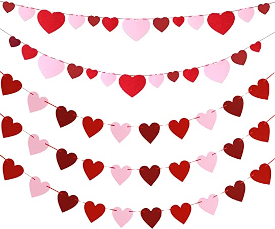 Photo 1 of 2 PACKS! Felt Heart Garland Banner, 5 Sets Heart Valentines Day Decor, DIY Valentines Home Decorations, Anniversary, Wedding, Birthday Party Supplies - Red, Rose Red and Light Pink
