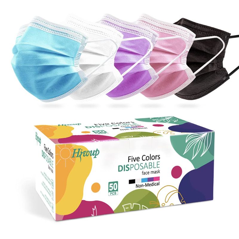 Photo 1 of 5 BOXES!! HIWUP Colored Disposable Face Masks 50 Pack, PFE 99% Face Mask Suitable For Adults And Teens 
(COLORS MAY VARY)