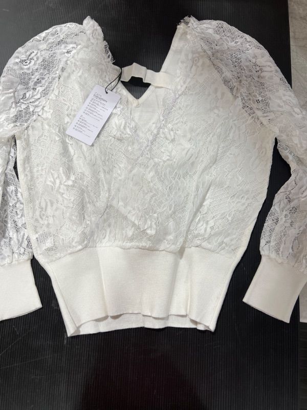 Photo 1 of EXLURA Women's Long Sleeve Knit Pullover Sweater V Neck Backless Lace Crochet Sweater Tops, White- Small