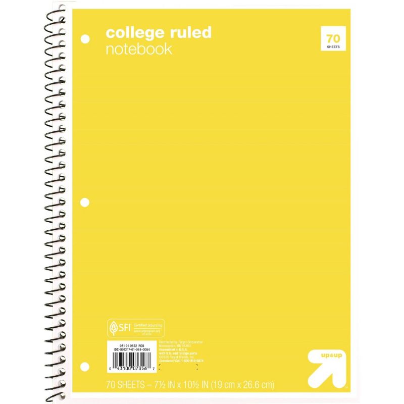 Photo 1 of College Ruled Yellow 1 Subject Flexible Paperboard Cover Spiral Notebook - Qty.48
