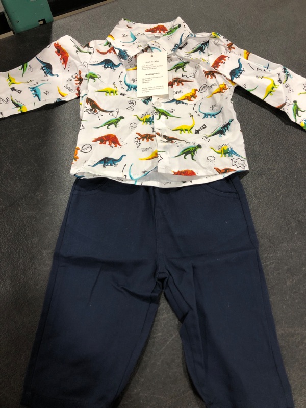 Photo 1 of BOYS OUTFIT DINOSOUR BUTTON DOWN TOP AND NAVY JOGGERS W/SUSPENDERS AND BOW TIE SIZE 6-9 MONTHS