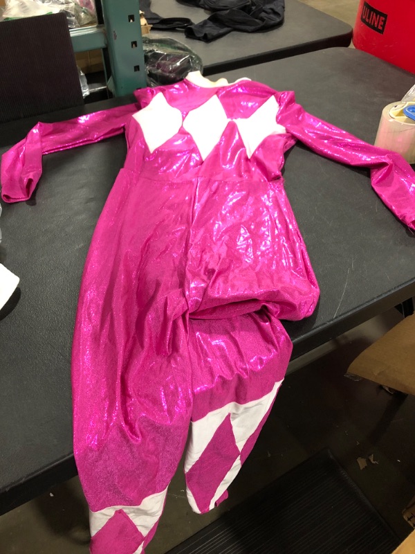 Photo 5 of Disguise Sabans Mighty Morphin Power Rangers Pink Ranger Sassy Bodysuit Costume PINK POWER RANGER COSTUME SIZE SMALL ADULT/TEEN    SLIGHT DISCOLOARATION ON ONE GLOVE FINGERS AND AROUND NECKLINE / SMALL SEPERATION AT WAISTE SEAM - QUICK FIX 