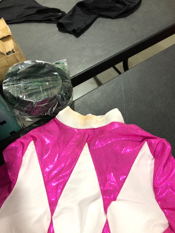 Photo 6 of Disguise Sabans Mighty Morphin Power Rangers Pink Ranger Sassy Bodysuit Costume PINK POWER RANGER COSTUME SIZE SMALL ADULT/TEEN    SLIGHT DISCOLOARATION ON ONE GLOVE FINGERS AND AROUND NECKLINE / SMALL SEPERATION AT WAISTE SEAM - QUICK FIX 