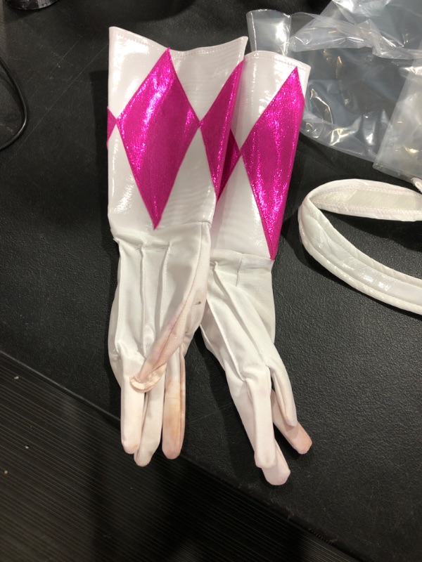 Photo 3 of Disguise Sabans Mighty Morphin Power Rangers Pink Ranger Sassy Bodysuit Costume PINK POWER RANGER COSTUME SIZE SMALL ADULT/TEEN    SLIGHT DISCOLOARATION ON ONE GLOVE FINGERS AND AROUND NECKLINE / SMALL SEPERATION AT WAISTE SEAM - QUICK FIX 
