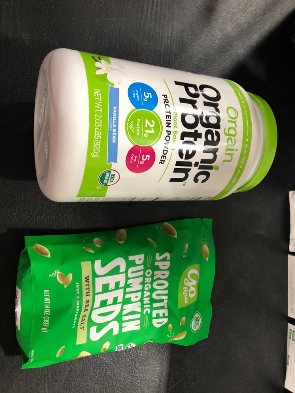 Photo 1 of  (1) Go Raw Pumpkin Seeds with Sea Salt, Sprouted & Organic, 14 oz. Bag | Keto | Vegan | Gluten Free Snacks | Superfood EXP 11/24/2022  +  (1) Orgain Organic Plant Based Protein Powder, Vanilla Bean - 21g of Protein, Vegan, Low Net Carbs, Gluten Free, Lac