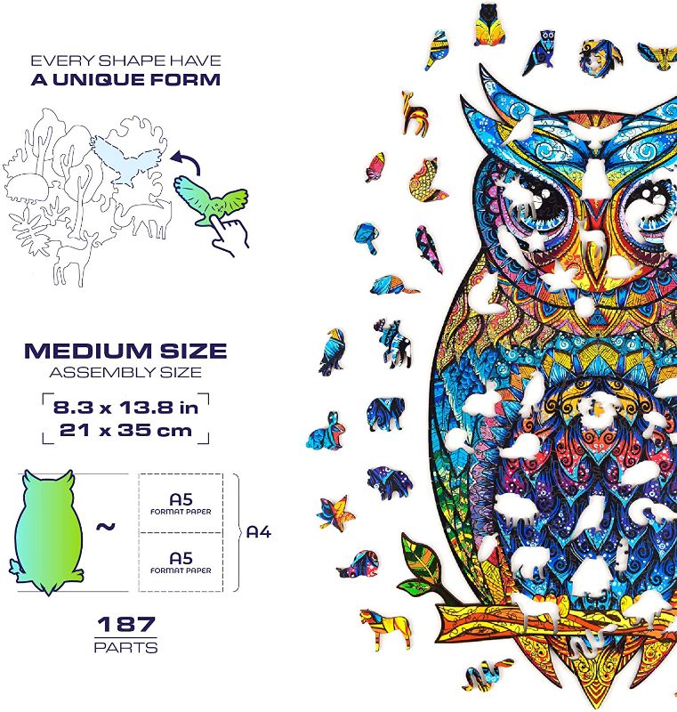 Photo 4 of 6 PACK OWL WOODEN PUZZLES -  UNIDRAGON - Wooden Jigsaw Puzzles - Medium - 8.3" x 13.8" - 21 x 35 cm - 186 pcs - in a Beautiful Gift Package - Unique Shape Jigsaw Pieces - Best...
