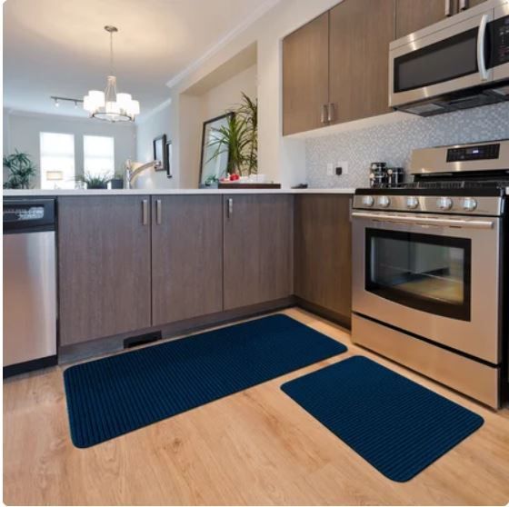 Photo 3 of 2 PIECE KITCHEN RUG/MAT SET ANTI-FATIGUE DARK BLUE WITH BLACK STRIPES