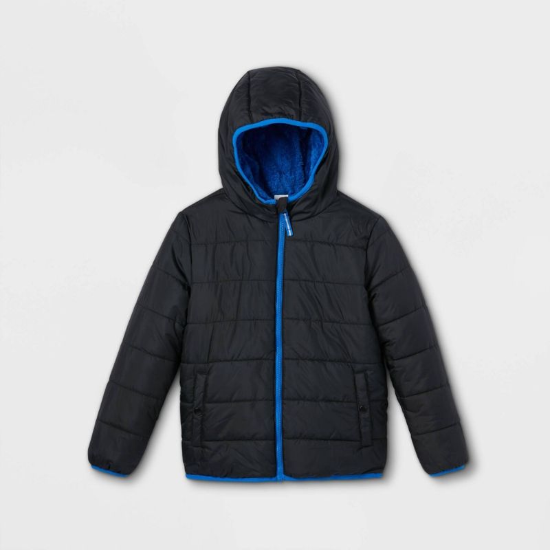 Photo 1 of  Black/Blue  Reversible Puffer Jacket from Cat and Jack™. Made from a water- and wind-resistant fabric, this boys' hooded puffer jacket ensures he stays nice and warm in chilly weather.   SIZE MEDIUM BOYS 