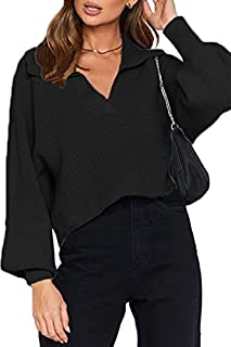 Photo 1 of CHYRII Womens Sexy Polo V Neck Pullover Sweater Loose Winter Chunky Puff Long Sleeve Jumper Tops Black M (B09BNCV6S6)
