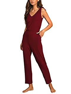 Photo 1 of Adibosy Women's Sleeveless Jumpsuit V Neck Elasitic Waist Shouldre Bandage Jumpsuits Ruched Long Pants Romper with Pockets Wine Red M (B09PG142P3)
