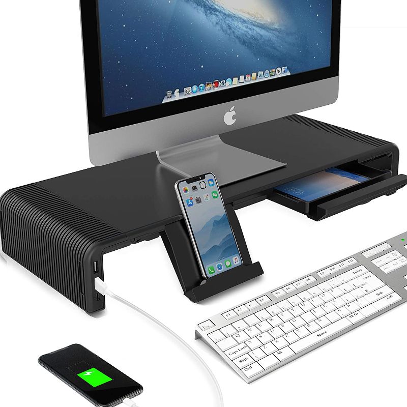 Photo 1 of Monitor Riser Stand and Desk Storage Organizer, 2 USB 3.0 & Type-C Ports Computer Stand Support Transfer Data, Charging with Storage Drawer, Phone Holder for Laptop/Computer/MacBook/PC (Black)
