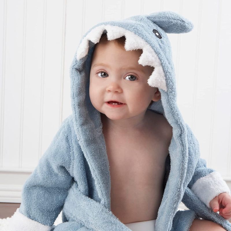 Photo 1 of Baby Aspen "Let the Fin Begin" Blue Terry Shark Robe, Blue, 0-9 months
