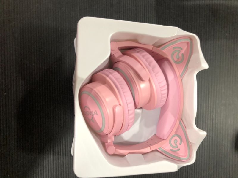 Photo 2 of MindKoo Cat Ear Bluetooth Headphones Pink, LED Light Up Over Ear Wireless Headphones with Microphone, Comfort Foldable Headset for Kids & Adults
