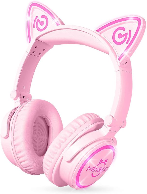 Photo 1 of MindKoo Cat Ear Bluetooth Headphones Pink, LED Light Up Over Ear Wireless Headphones with Microphone, Comfort Foldable Headset for Kids & Adults
