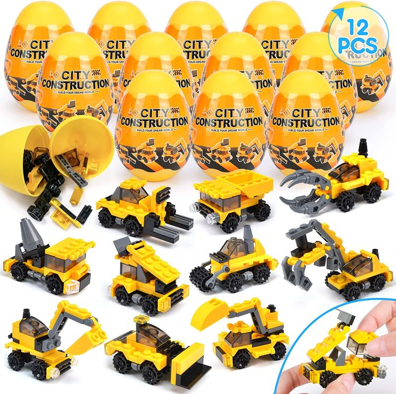 Photo 1 of EZIGO Easter Eggs Fillers with Construction Vehicles Building Blocks, 12 Pack Easter Bulk Toy Easter Basket Stuffers Easter Egg Hunts Easter Party Favors Supplies Classroom Prize Easter Gift for Kids
