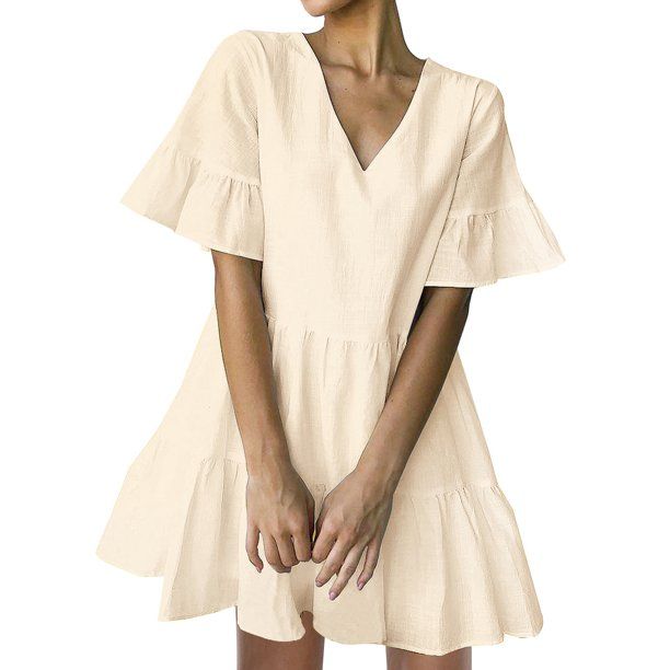 Photo 1 of FANCYINN Womens Cute Shift Dress Short Bell Sleeve Ruffle Hem V Neck Loose Swing Tunic Mini Dress with Pockets Beige XS 
