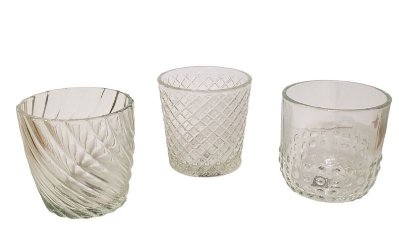 Photo 1 of 5pk of 3 Clear Glass Votive Candle 3" Tall Holders W/ Different Texture Designs
