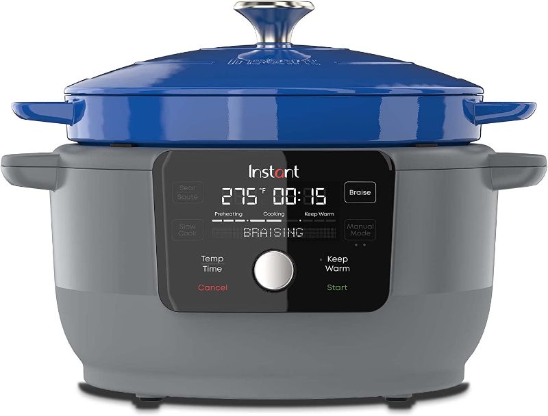 Photo 1 of Instant Electric Round Dutch Oven, 6-Quart 1500W, From the Makers of Instant Pot, 5-in-1: Braise, Slow Cook, Sear/Sauté, Cooking Pan, Food Warmer, Enameled Cast Iron, Included Receipe Book, Blue