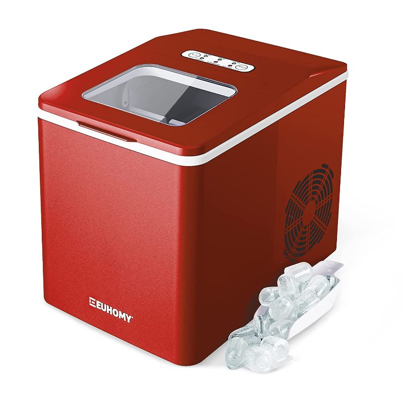 Photo 1 of Euhomy Ice Maker Machine Countertop, 26 lbs/24H, 9 Cubes Ready in 6 Mins, Self-Cleaning Electric Ice Maker Compact Potable Ice Maker with Ice Scoop and Basket. for Home/Kitchen/Camping/RV. (Red)