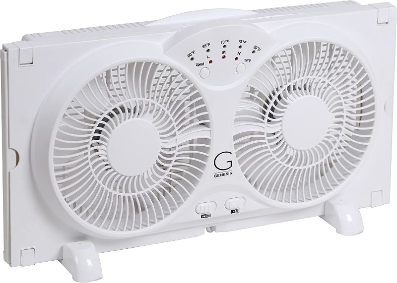 Photo 1 of Genesis Twin Fan High Velocity Reversible AirFlow Fan, LED Indicator Lights Adjustable Thermostat & Max Cool Technology, ETL Certified, White (A1WINDOWFAN)