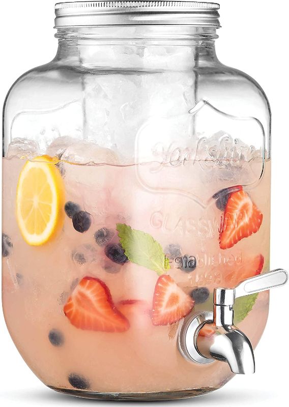 Photo 1 of 1-Gallon Glass Beverage Dispenser with 18/8–Stainless Steel Spigot - 100%Leakproof - Wide Mouth Easy Filling - Drink Dispenser with Ice Cylinder Keeps Beverage Cold For Outdoor Parties and Daily Use