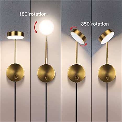 Photo 3 of Adjustable Brightness Brass Plug in Wall Sconces 350° Rotation Wall Lights with Switch LED Wall Lamp for Bedroom Bedside Living Room 9W 3000K Rotatable Sconces Wall Lighting
