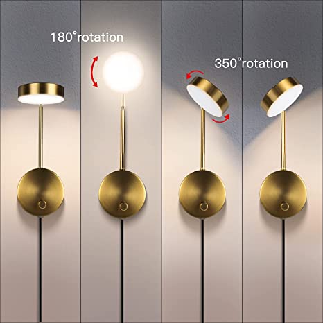Photo 1 of Adjustable Brightness Brass Plug in Wall Sconces 350° Rotation Wall Lights with Switch LED Wall Lamp for Bedroom Bedside Living Room 9W 3000K Rotatable Sconces Wall Lighting
