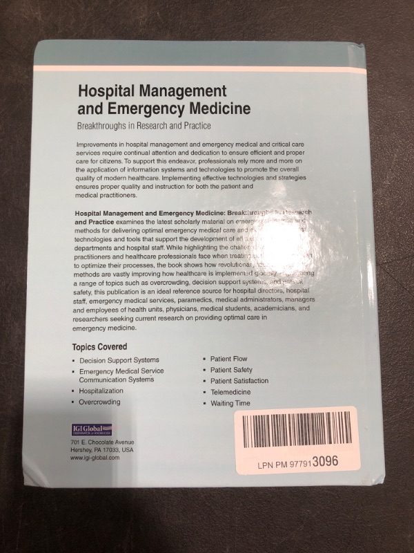 Photo 3 of Hospital Management and Emergency Medicine: Breakthroughs in Research and Practice 1st Edition. SLIGHTLY BENT CORNERS. 
