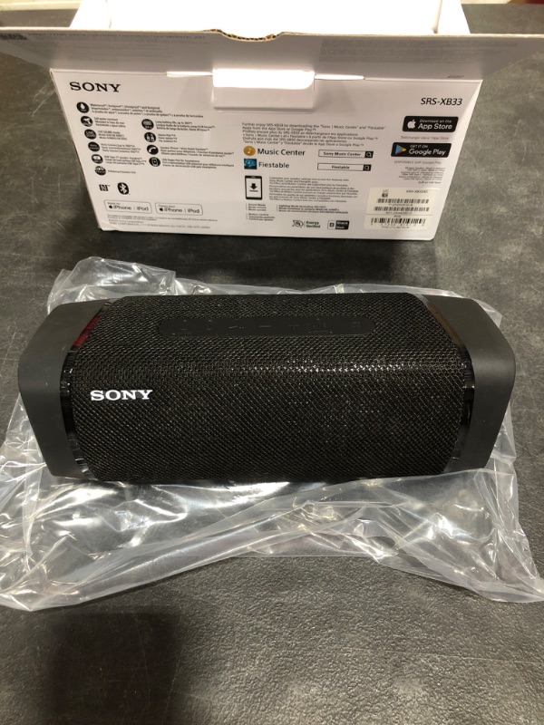 Photo 4 of Sony SRS-XB33 EXTRA BASS Wireless Bluetooth Portable Speaker, IP67 Waterproof & Durable for Home, Outdoor, and Travel, 24 Hour Battery, Party Lights, USB Type-C, and Speakerphone, Black. OPEN BOX. PRIOR USE.
