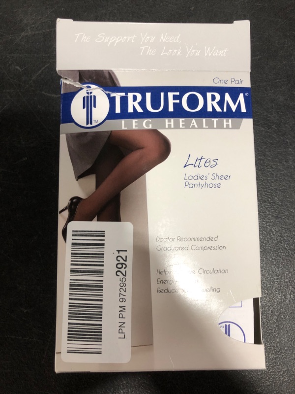 Photo 2 of Truform Sheer Compression Pantyhose, 8-15 mmHg, Women's Shaping Tights, 20 Denier, Beige, Queen Plus. SIZE 8-15.
OPEN PACKAGE.