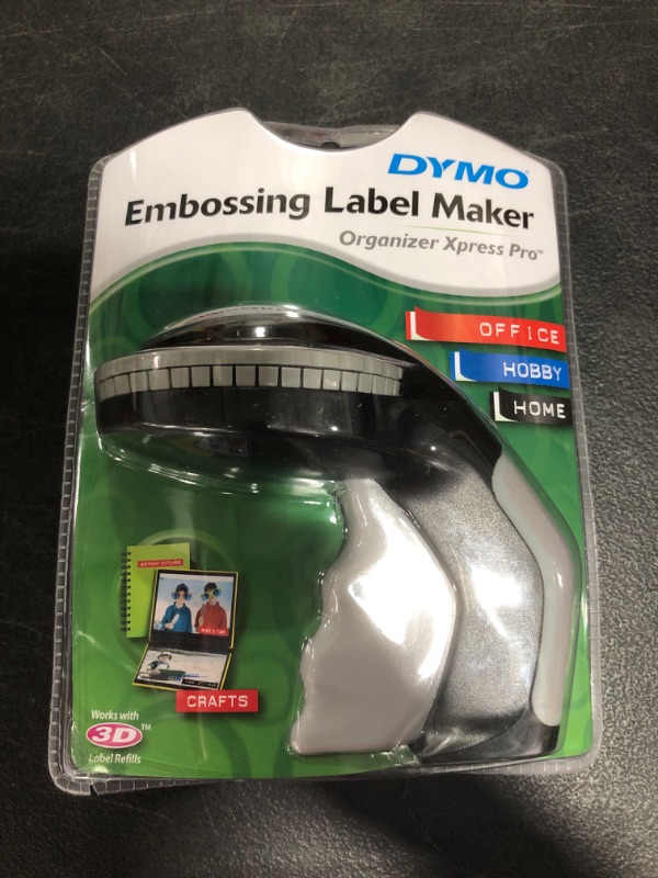 Photo 2 of DYMO Embossing Label Maker with 3 DYMO Label Tapes
OPEN PACKAGE. PRIOR USE. MISSING LABELS.
