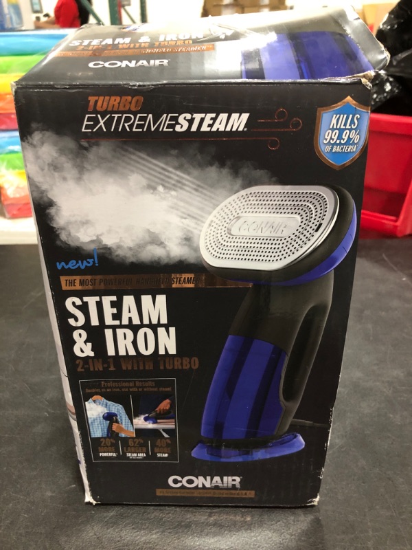 Photo 3 of Conair Turbo ExtremeSteam 1875 Watt Handheld Fabric, 2-in-1 Steam and Iron Garment Steamer, One Size, Black/Blue
OPEN BOX. PRIOR USE.