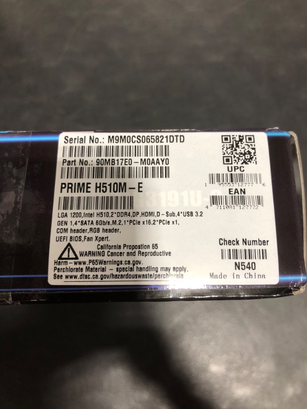 Photo 5 of ASUS Prime H510M-E LGA1200 (Intel® 11th/10th Gen) Micro-ATX Motherboard (PCIe 4.0,M.2 Slot, 1Gb LAN, DP,HDMI, D-Sub, USB 3.2 Gen 1, COM Header, TPM Header, 4K@60Hz)
OPEN BOX.