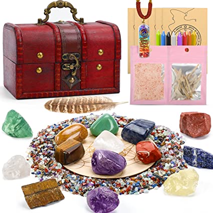 Photo 1 of 35PCS Crystals and Healing Stones Set, 7 Raw & Tumbled Chakra Stones, 80g Crushed Stones, Necklace, 8 Magic Candles, 7 Paper, Sage, Feather, Salt, Wooden Grid and Box for Beginners Meditation Yoga
