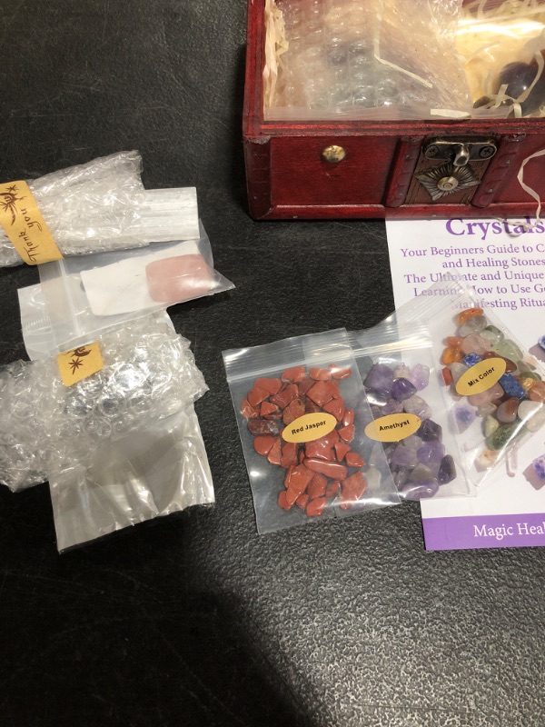 Photo 3 of 35PCS Crystals and Healing Stones Set, 7 Raw & Tumbled Chakra Stones, 80g Crushed Stones, Necklace, 8 Magic Candles, 7 Paper, Sage, Feather, Salt, Wooden Grid and Box for Beginners Meditation Yoga
