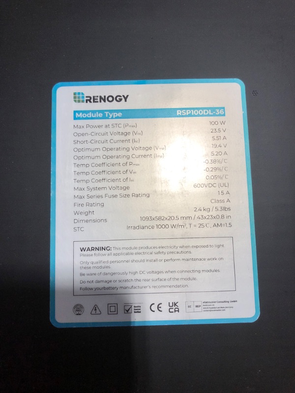 Photo 1 of Renogy 100W Solar Panel 12 Volt Monocrystalline Sleek with High-Efficiency Module PV Power RV Marine Boat Off Grid, Black Frame. FRONT PANEL DAMAGE. 
