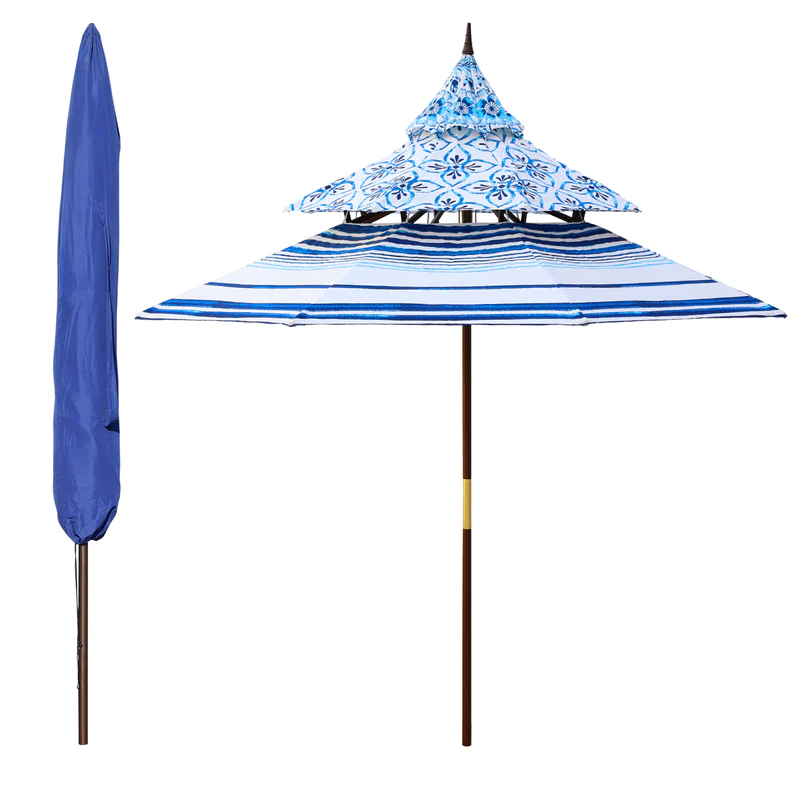 Photo 1 of Aoodor 9ft Umbrella Outdoor Pagoda Patio Market Umbrella 3 Tier with Eucalyptus Wooden Frame (Umbrella Only)
