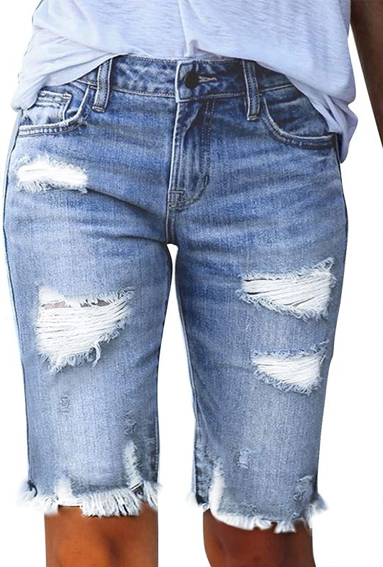 Photo 1 of Sidefeel Women Bermuda Shorts Denim Destroyed Raw Hem Shorts Jeans XL
