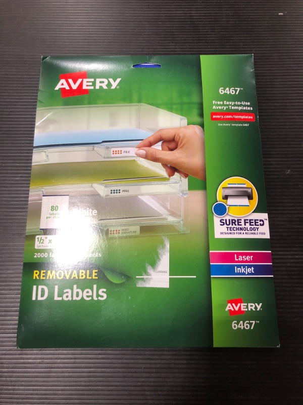 Photo 3 of Avery Self-Adhesive White Removable Laser Id Labels, 1/2" x 1-3/4, 2000 per Pack (6467)
OPEN PACKAGE.