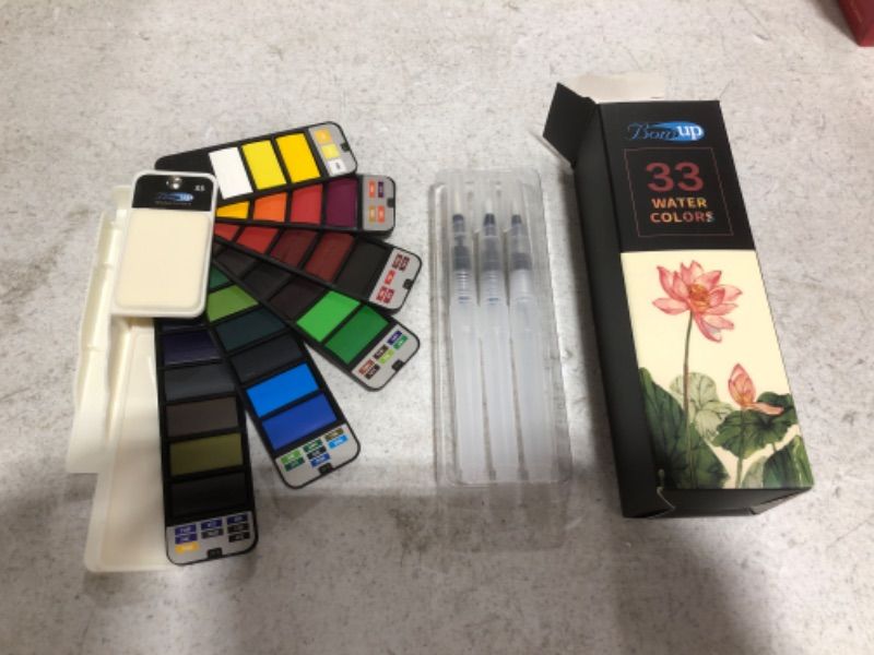 Photo 2 of BOM UP Artsy Watercolor Paint Set – 33 Assorted Colors with 3 Brushes – Perfect Foldable Watercolor Field Sketch Set for Outdoor Painting –Travel Pocket Watercolor Kit
PHOTO FOR REFERENCE.