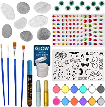 Photo 1 of Brainy Shark Rock Painting Kit for Kids - Children's Arts and Crafts Set - 8 Rocks, 12 Paints, 4 Brushes, Googly Eyes, Metallic Paint Pen, Glitter Glue, Tattoo & Gem Stickers - Gift for Boys & Girls
